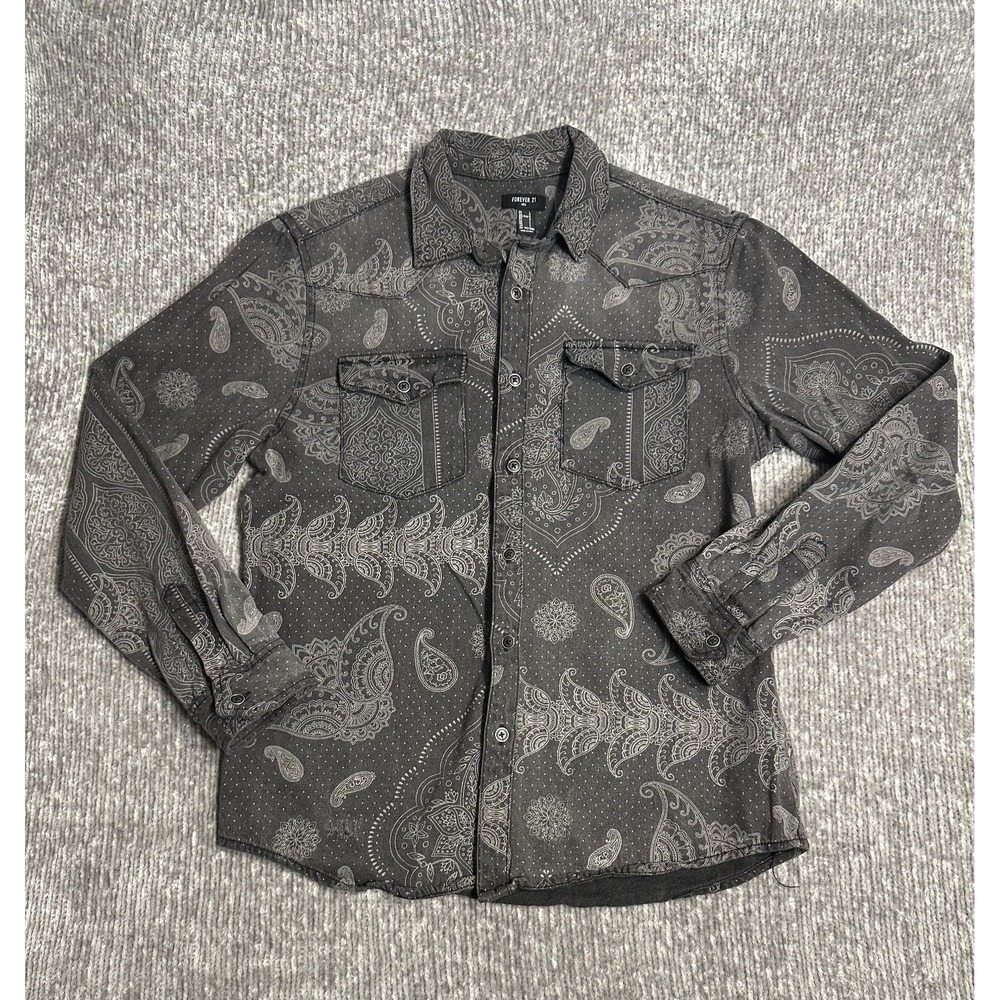 Forever 21 Western Shirt Mens Large Black White Paisley Denim Cotton Button Up